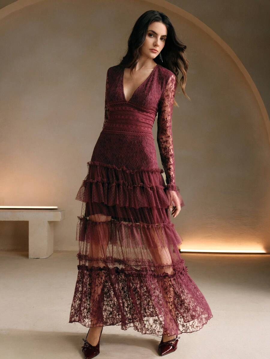 Anewsta Women's Black V-Neck Lace Long Cocktail Dress For Party Events Burgundy Maxi Women Outfit