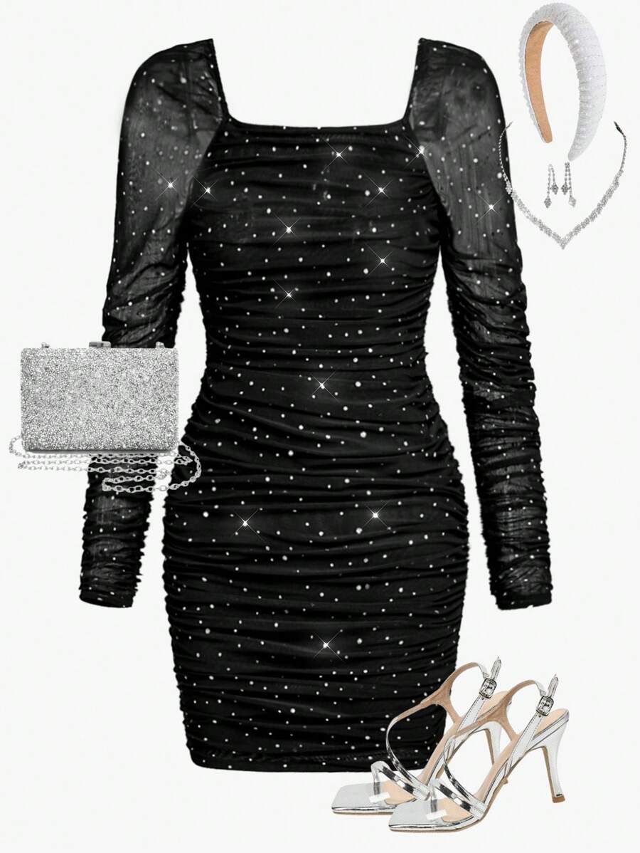 Girlism Teen Girls' Elegant Pearl Beaded Square Neck Ruched Party Dress