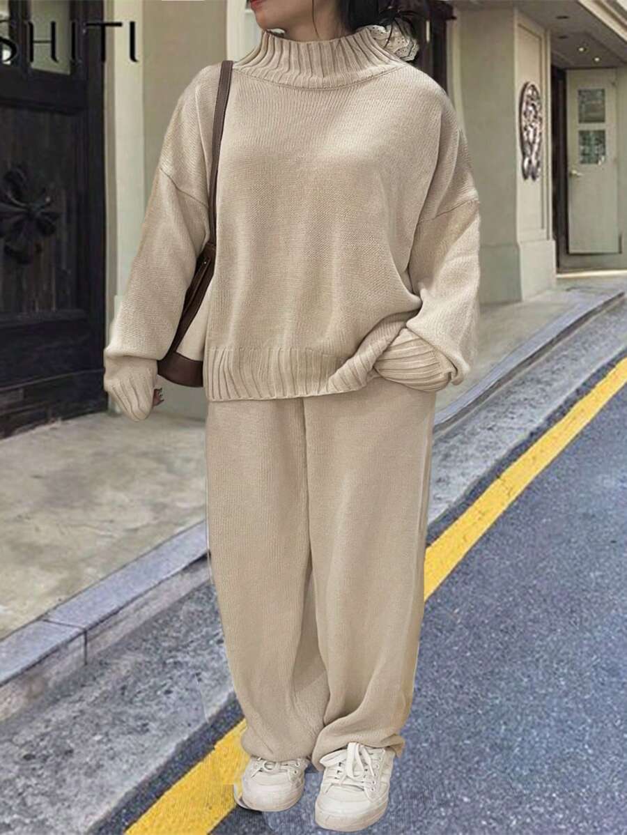 Calvaya Plus Size Casual Solid Color Sweater & Pants Set, Autumn/Winter