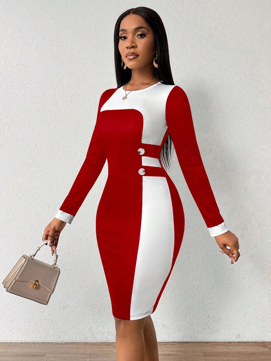 Lyxana Women Elegant Fashion Color Block Round Neck Long Sleeve Dress