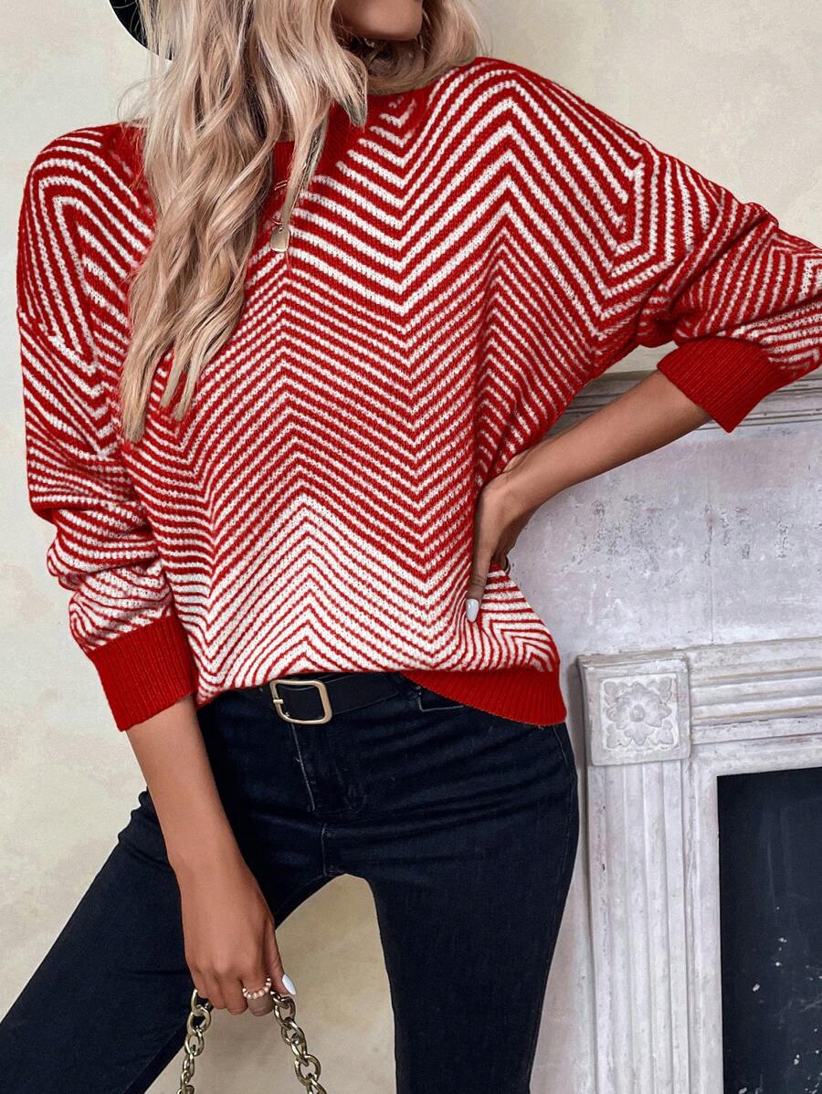 SHEIN LUNE Color Block Jagged Stripe Print Casual Versatile Long Sleeve Pullover Sweater