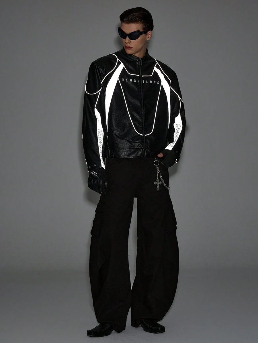 NEON BLANC Chaqueta bomber de manga larga de PU con bordado reflectante, estilo urbano