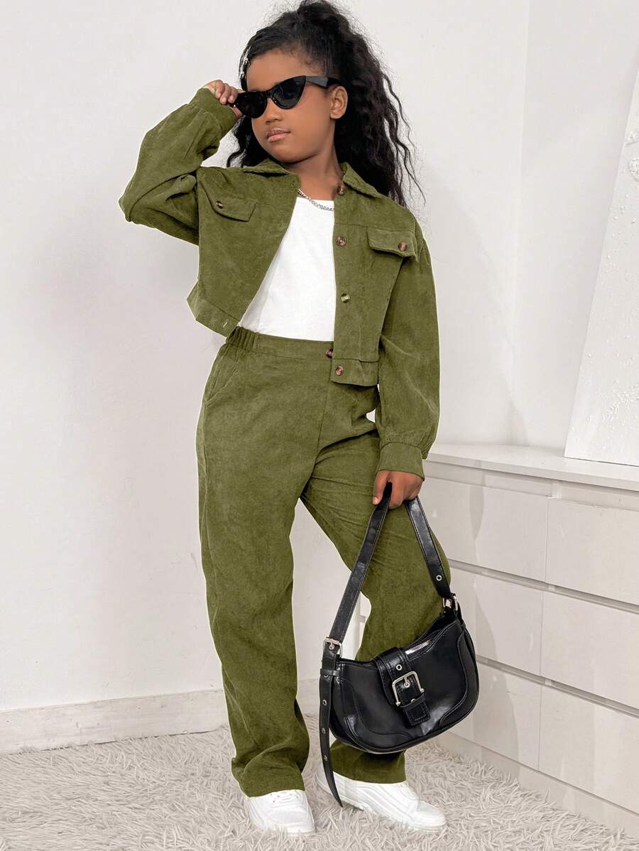 SHEIN 2pcs Tween Girl Casual Vintage College Style Corduroy Jacket & Skirt Set