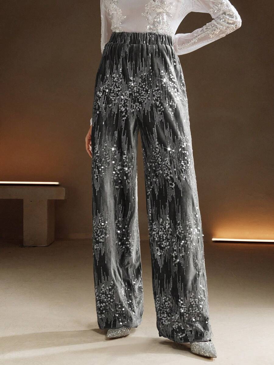 Anewsta New Design Embroidered Sequins Plush Fabric Wide Leg Palazzo Pants For Ladies For Holiday Party Clothes