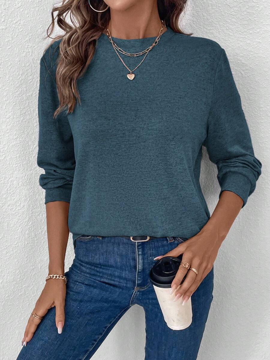 SHEIN LUNE Round Neck Fleece Sweater, Warm & Comfortable Basic Model Long Sleeve T-Shirt For Women, Autumn/Winter