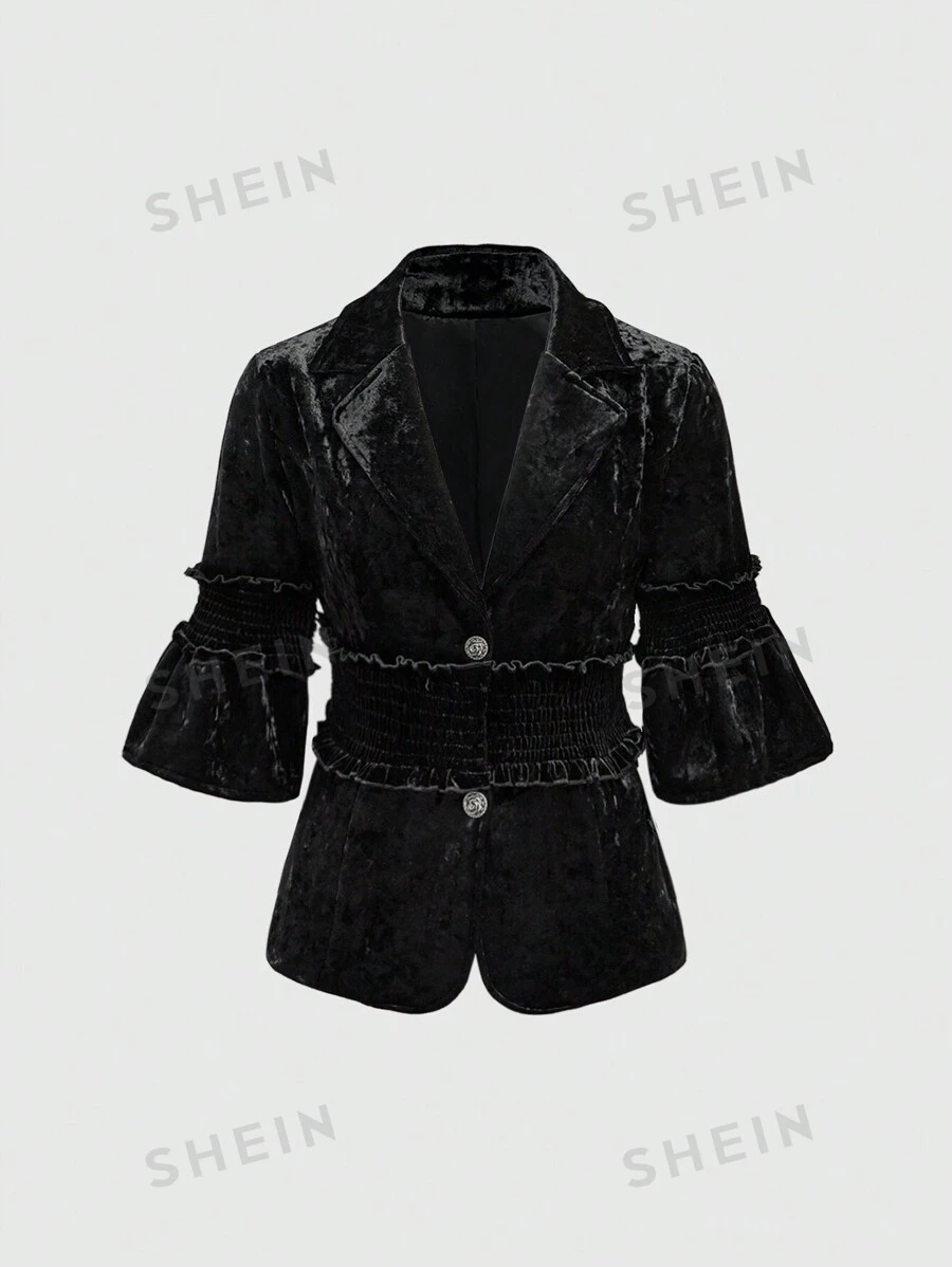 ROMWE Hippie Blazer elegante de terciopelo con cuello en pico y mangas de campana para mujer