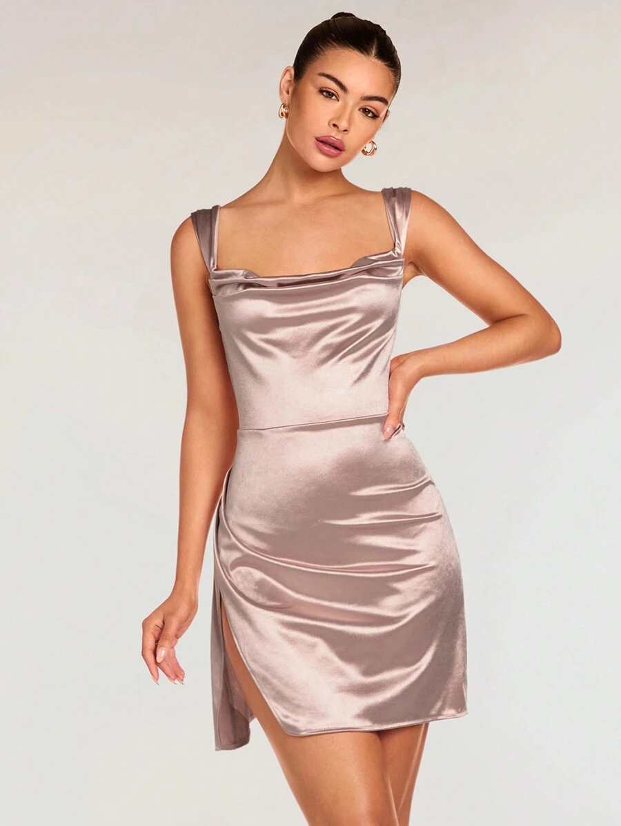 Glamine Elegant Solid Color V-Neck Split Hem Ruched Mini Dress