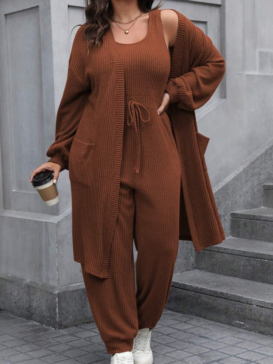 Calvaya Conjunto de 2 Peças, Macacão e Jaqueta em Cor Sólida com Textura Canelada, Plus Size, Casual para Uso Diário, Outono/Inverno