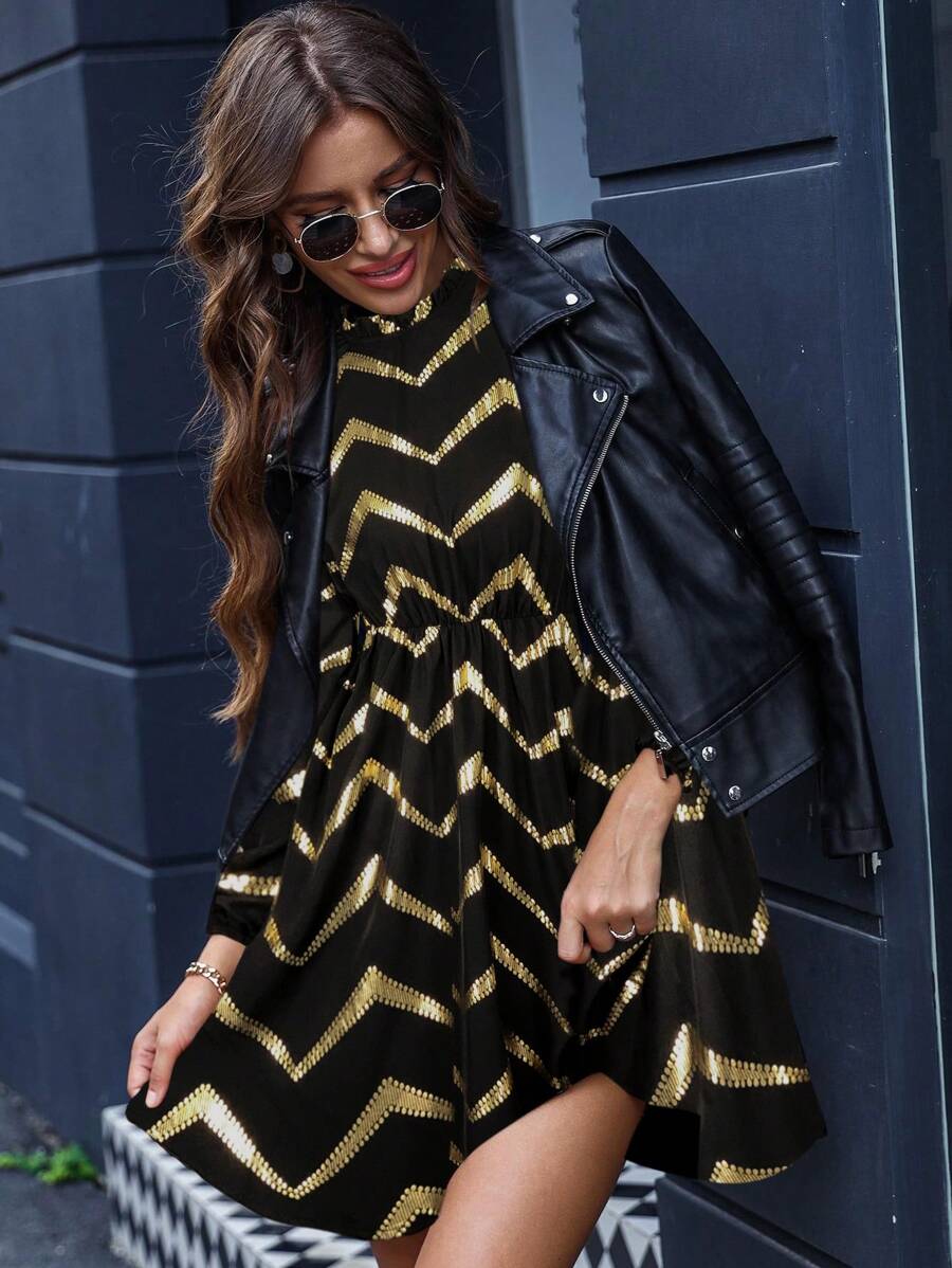 SHEIN Clasi 1pc Women's Elegant Metal Stamping Black Midi Dress