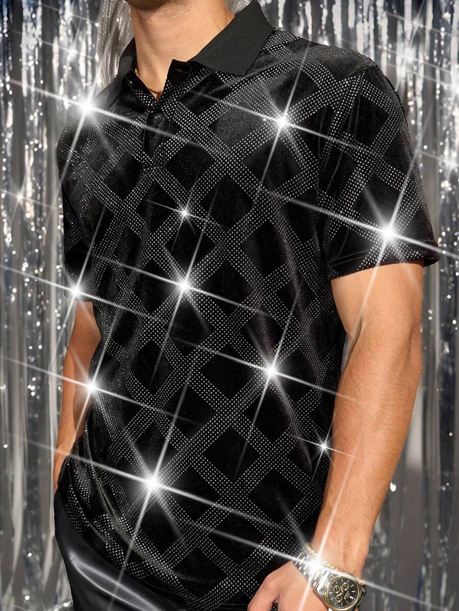 Manfinity VCAY Men Knitted Casual Loose Short Sleeve Rhinestone Decorated Polo Shirt, Fashionable Daily Wear Fashion Collar Shirt, For Boyfriend Gift, Going Out