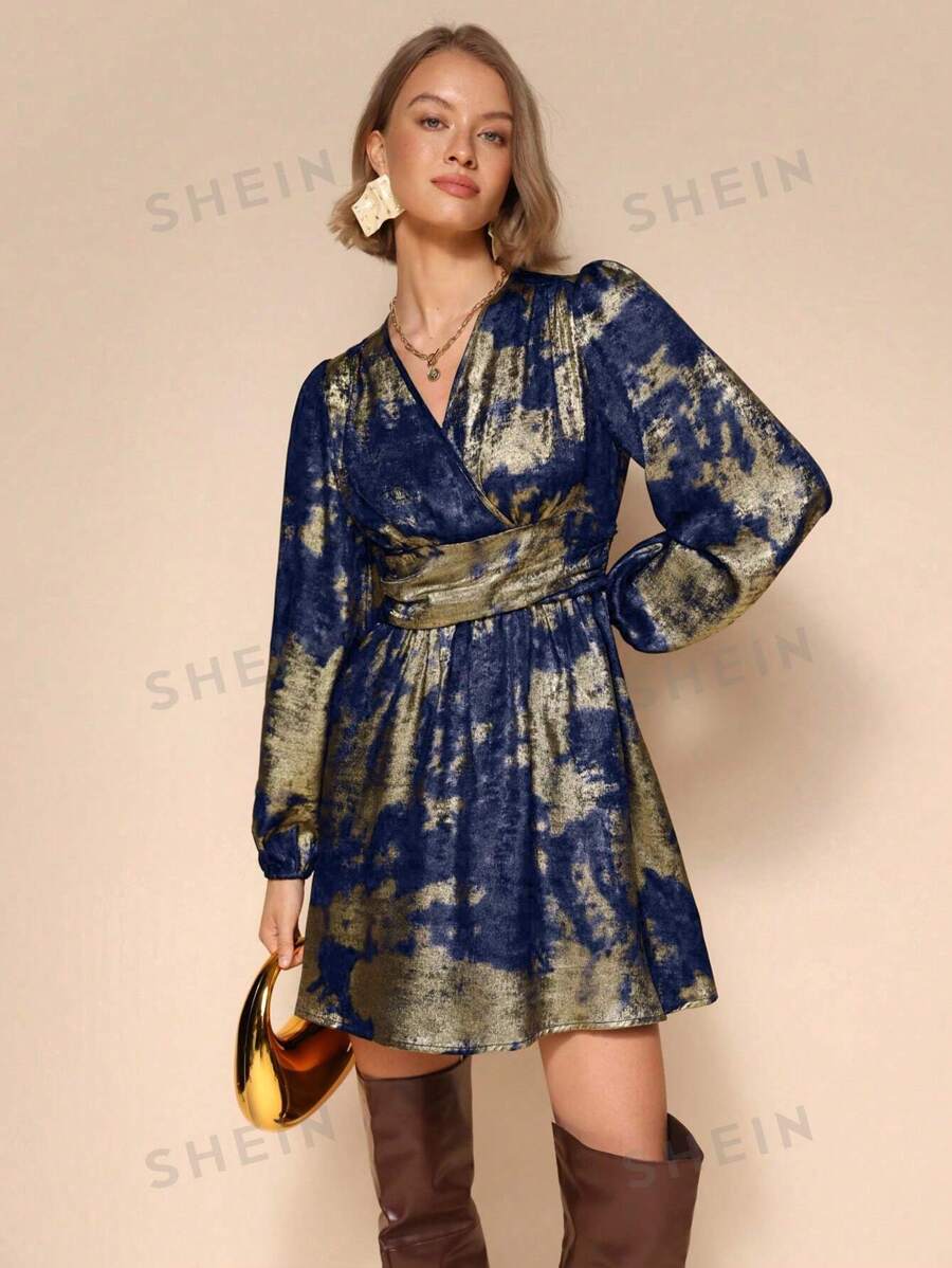 Calvaya Vestido corto casual, vintage y elegante de mujer con cuello en V, manga larga y pliegues