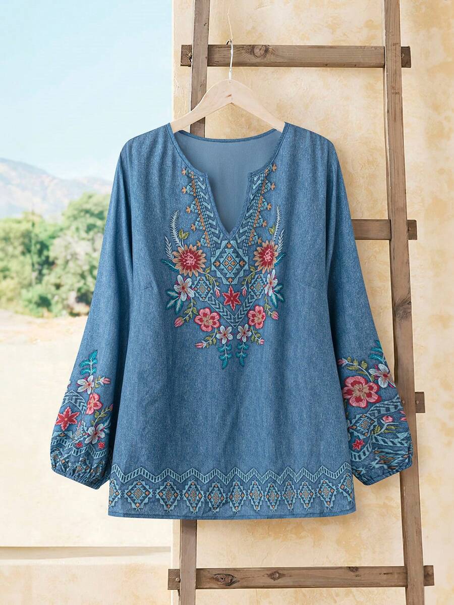 Rusticease Plus Size Women's Denim Effect Floral Print V-Neck Long Sleeve Shirt, Winter