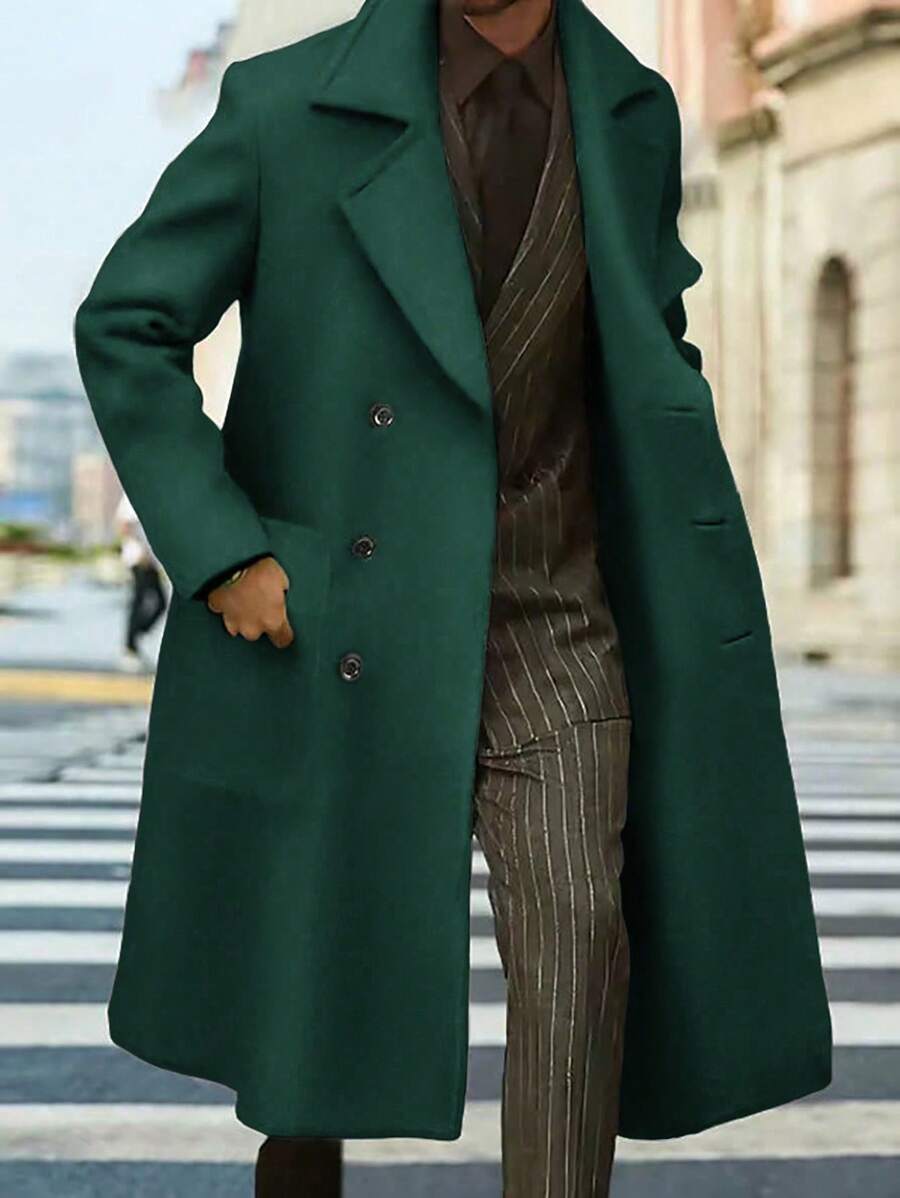 Manfinity Hypemode Abrigo largo de doble botonadura de unicolor con bolsillos de manga larga para hombre, otoño/invierno