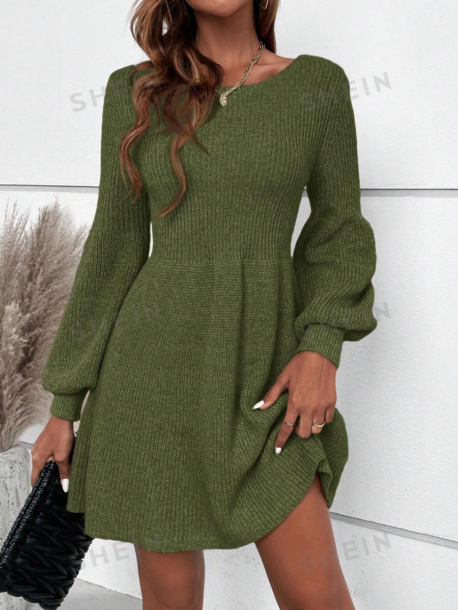 SHEIN Clasi Vestido de punto con mangas farol de cuello redondo y unicolor, para mujer, para otoño/invierno