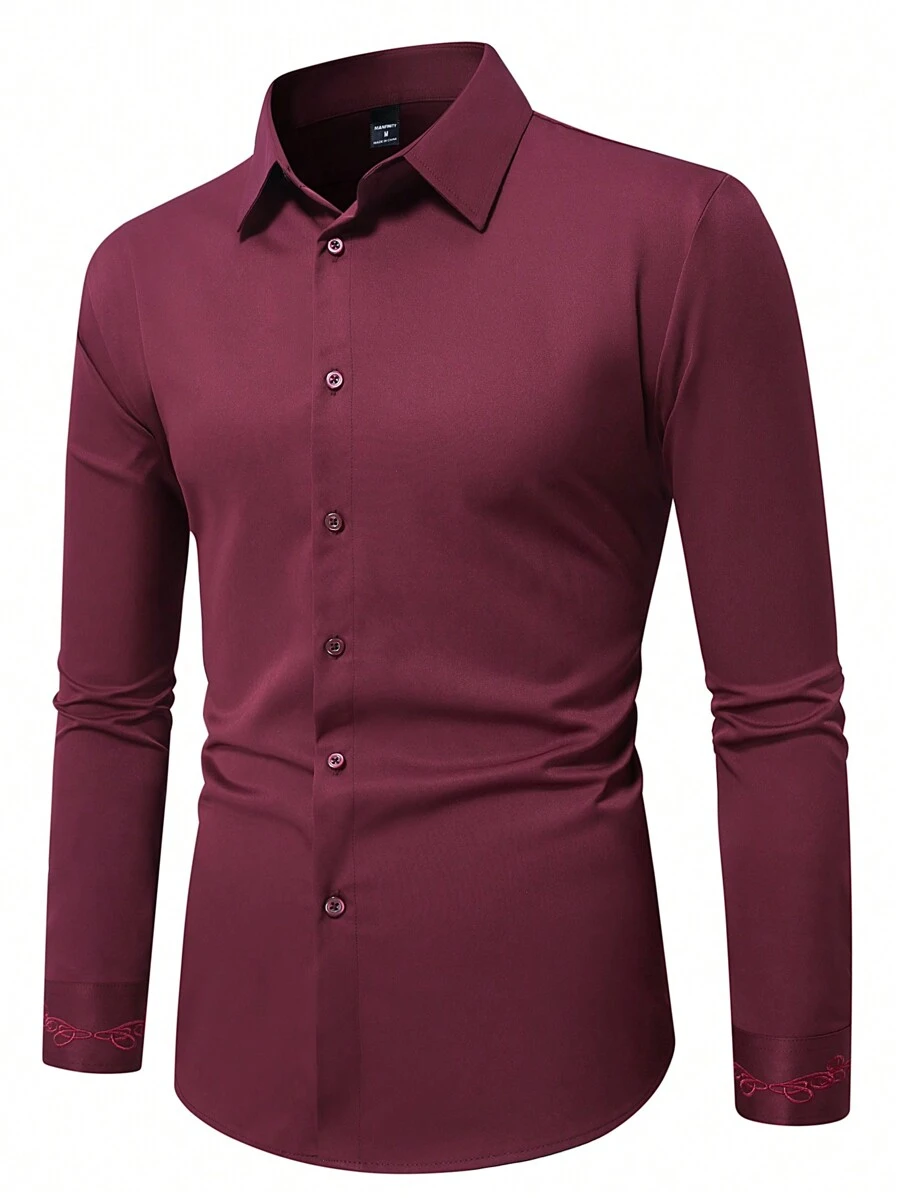 Manfinity Mode Camisa casual de negocios de manga larga, cuello liso y abotonadura frontal