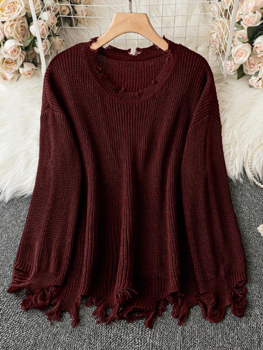 SHEIN LUNE Plus Size Women's Plain Knitted Crew Neck Personalized Distressed Fringe Hem Long Sleeve Casual Burgundy Pullover Sweater, Autumn/Winter