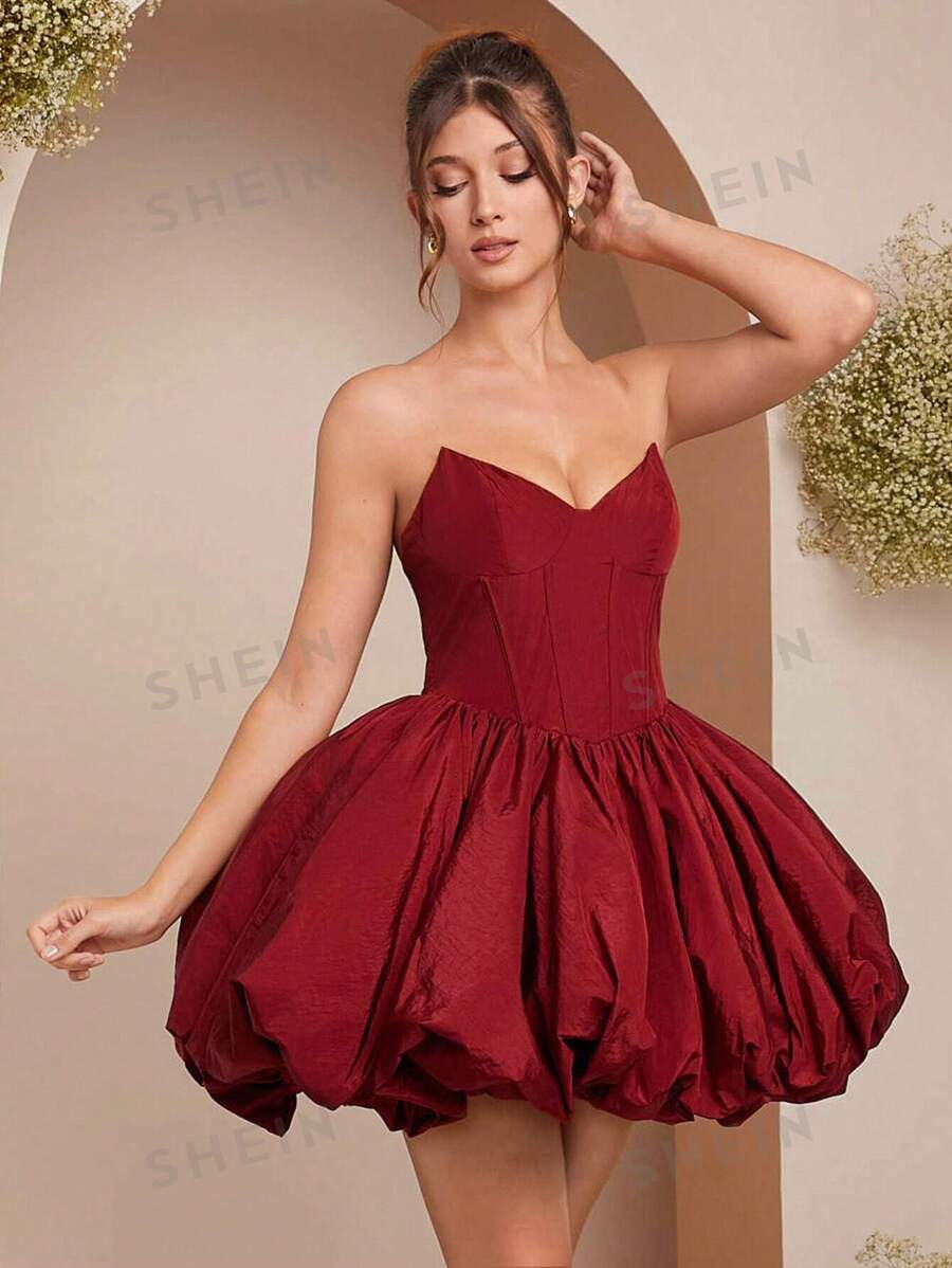 L'Amorae Vestido de fiesta mini con corpiño con cordones y bajo con volantes en color rojo