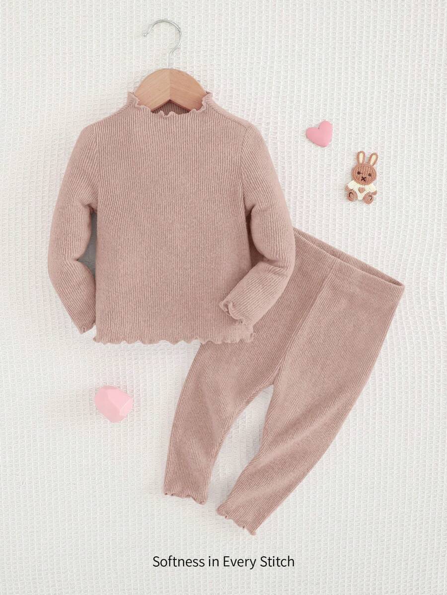 Cozy Pixies Baby Girl 2pcs Set Solid Color Knit Soft Round Neck Ruffle Trim Long Sleeve Top And Elastic Waist Casual Pants