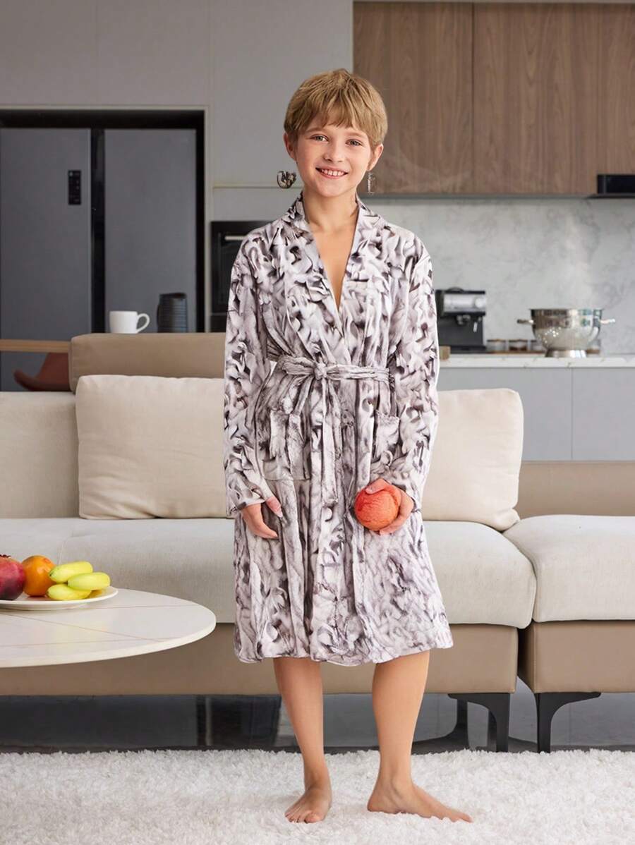Boys' Tie-Dye Style Plush Warm Long Sleeve Robe Pajama, Fashion & Simple Design For Teenager