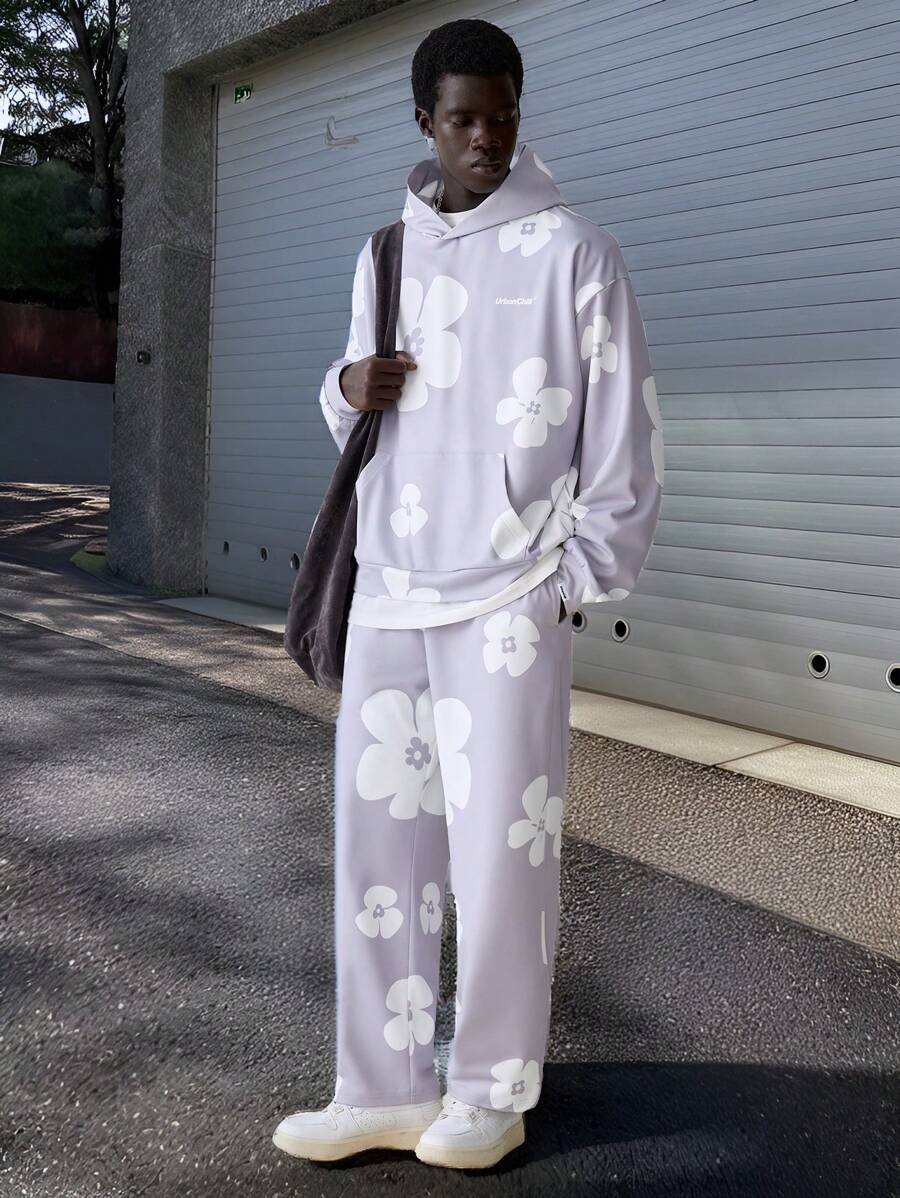 Manfinity VCAY 2pcs Men Casual Floral Print Hooded Sweatshirt & Elastic Waist Straight Leg Pants Set