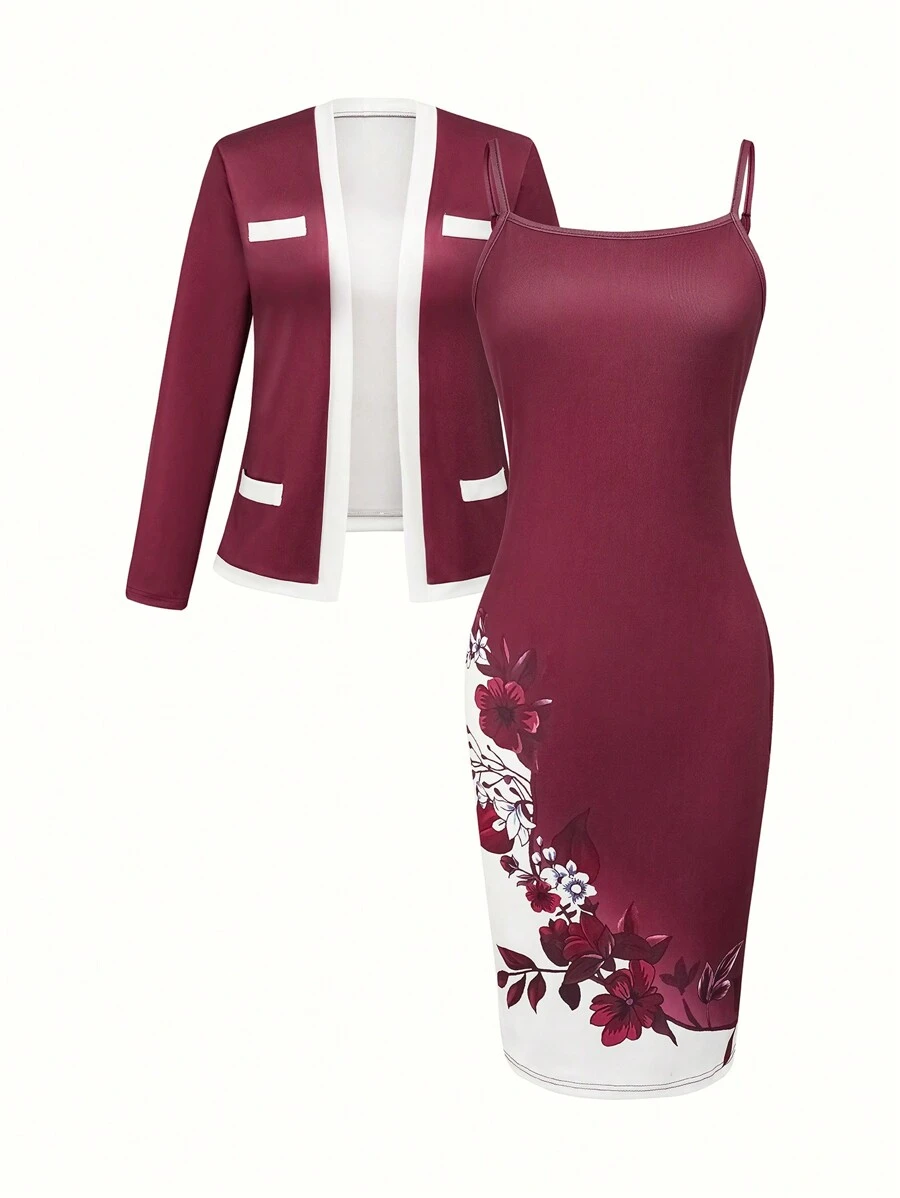 SHEIN Clasi 2pcs Set Women Elegant Commuter Style Contrast Trim Long Sleeve Jacket And Floral Print Slip Dress, Suits For Office And Casual Wear