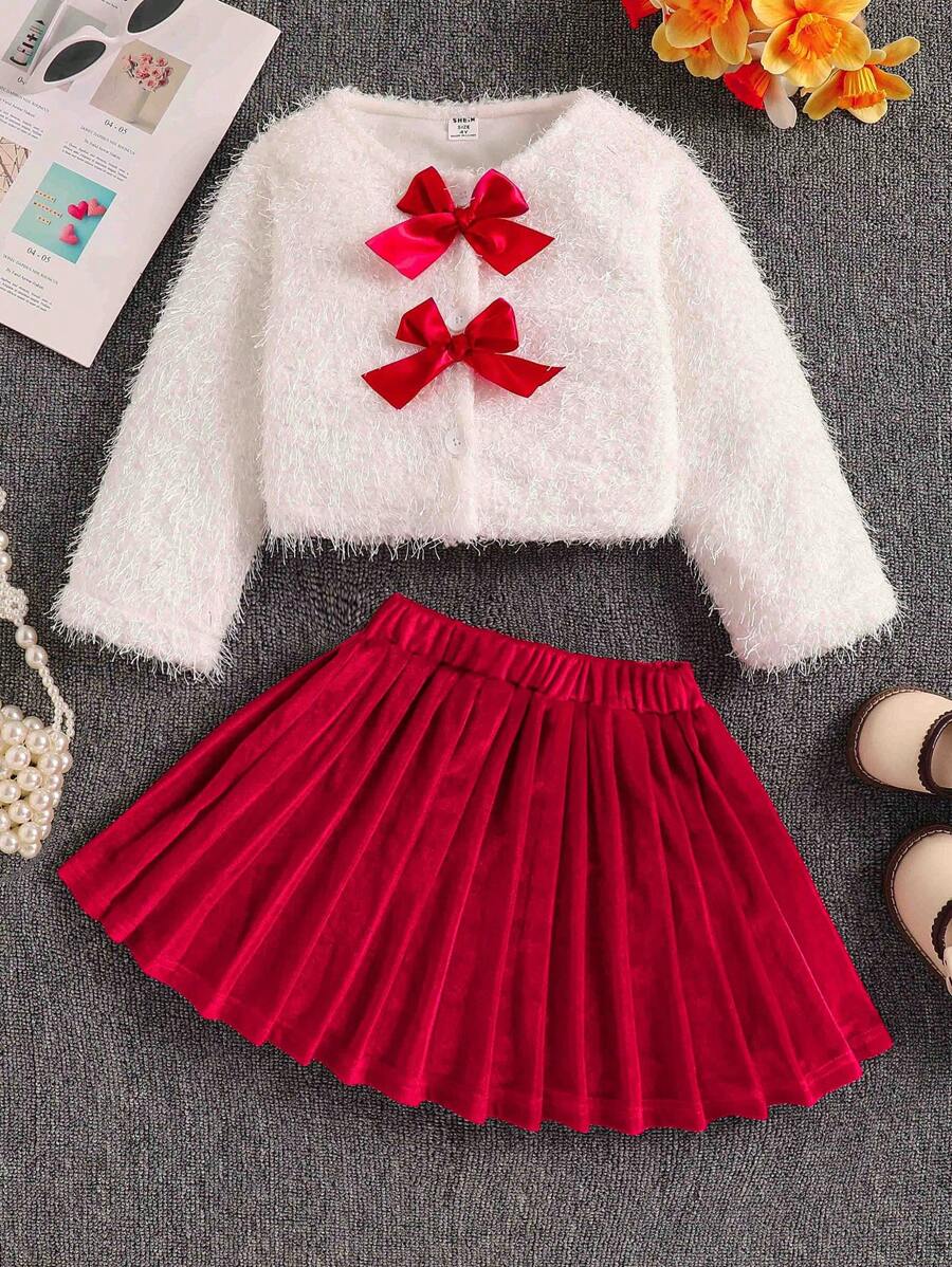 SHEIN Young Girls Young Girl Bowknot Plush Jacket & Plush Pleated Skirt Set, Fashionable Outfit For Holiday, Autumn/Winter, For Christmas