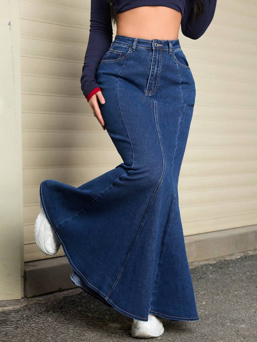 SHEIN EZwear Women Casual Fashionable All-Match Denim Skirt With Fishtail Hem, Autumn