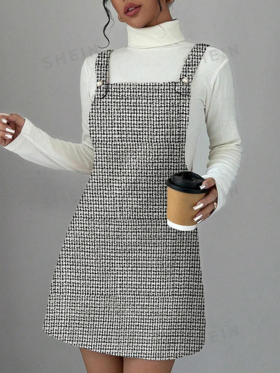 Chiquease Vestido estilo pichi corto minimalista a cuadros con tirantes anchos para mujer, informal