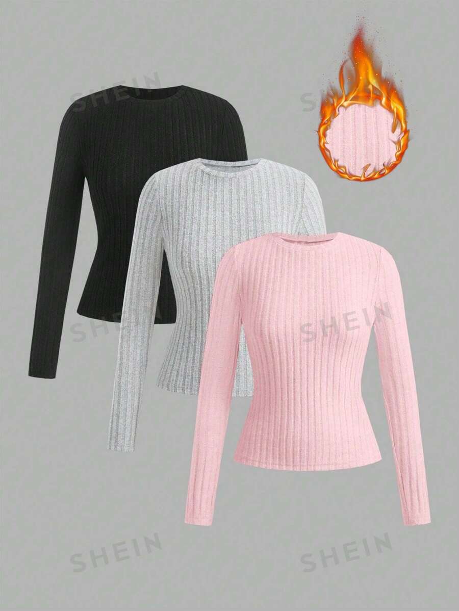 SHEIN EZwear Paquete de 3 camisetas ajustadas de cuello de equipo acanalado para mujer, nueva llegada para otoño/invierno