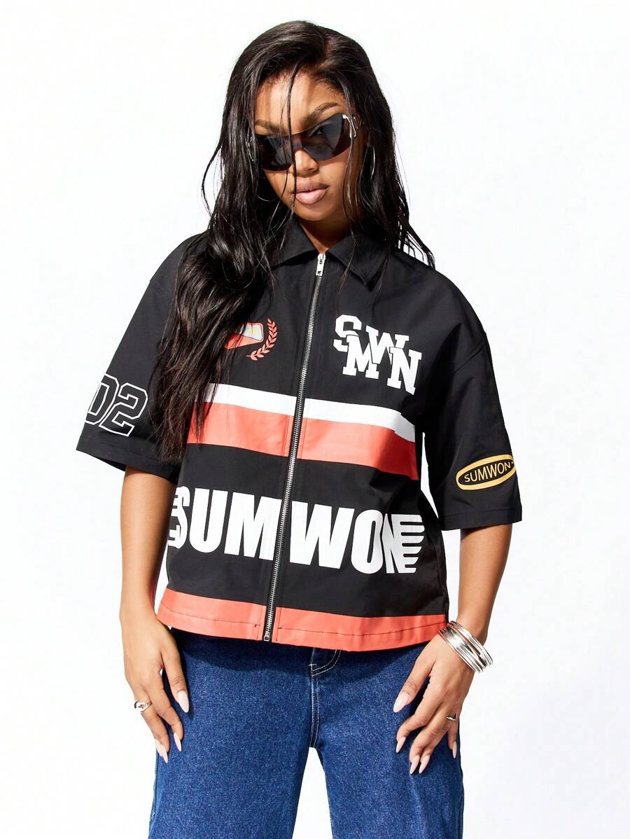 SUMWON WOMEN Punk Boxy Zip Through Graphic Shirt