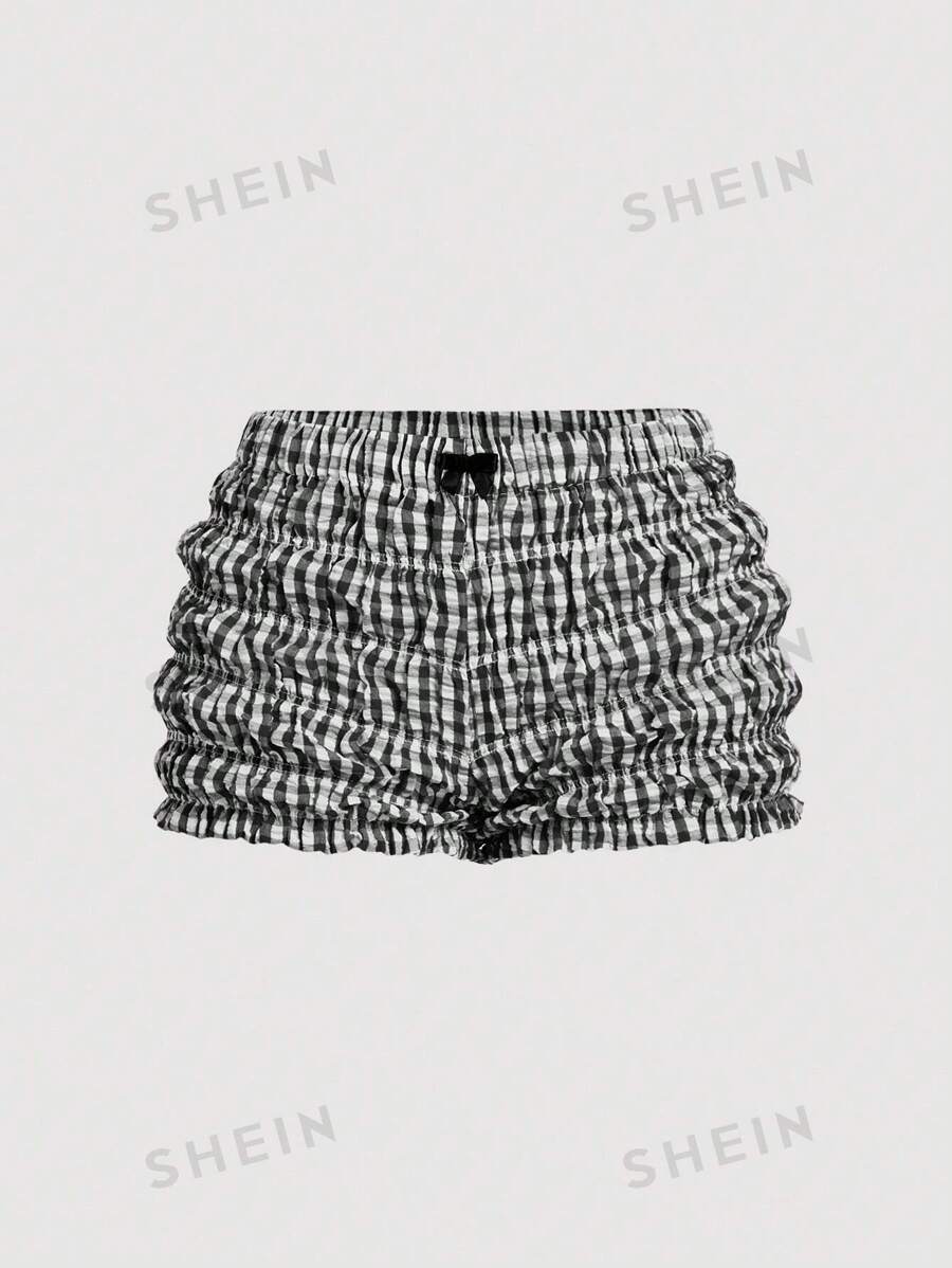 SHEIN MOD Pantalones cortos mini micro fruncidos con lazo estilo kawaii para mujeres, disfraz de diablo, disfraz sexy, conjuntos, pantalones bombachos, ropa de mujer