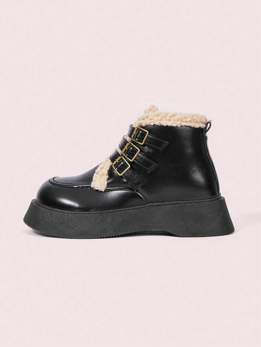 CUCCOO DOLLMOD European And American Style Black Fuzzy Cuff Warm Leather Boots With Chunky Heel And Platform, Ankle And Short Length Gothic Boots For Women For Christmas And New Year Holiday