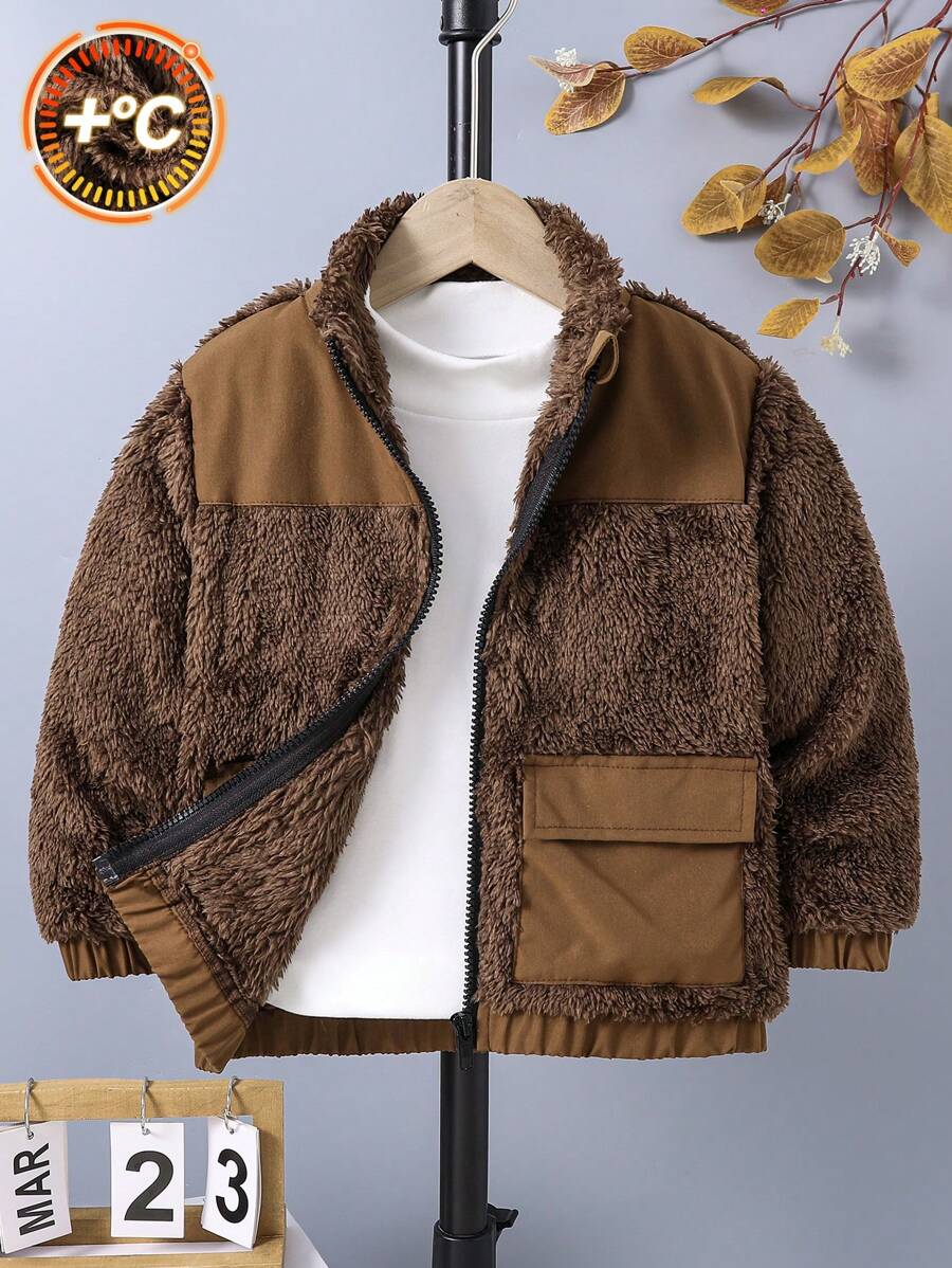 Chaqueta de manga larga con cremallera y bolsillo de unicolor de felpa para niño, para otoño/invierno