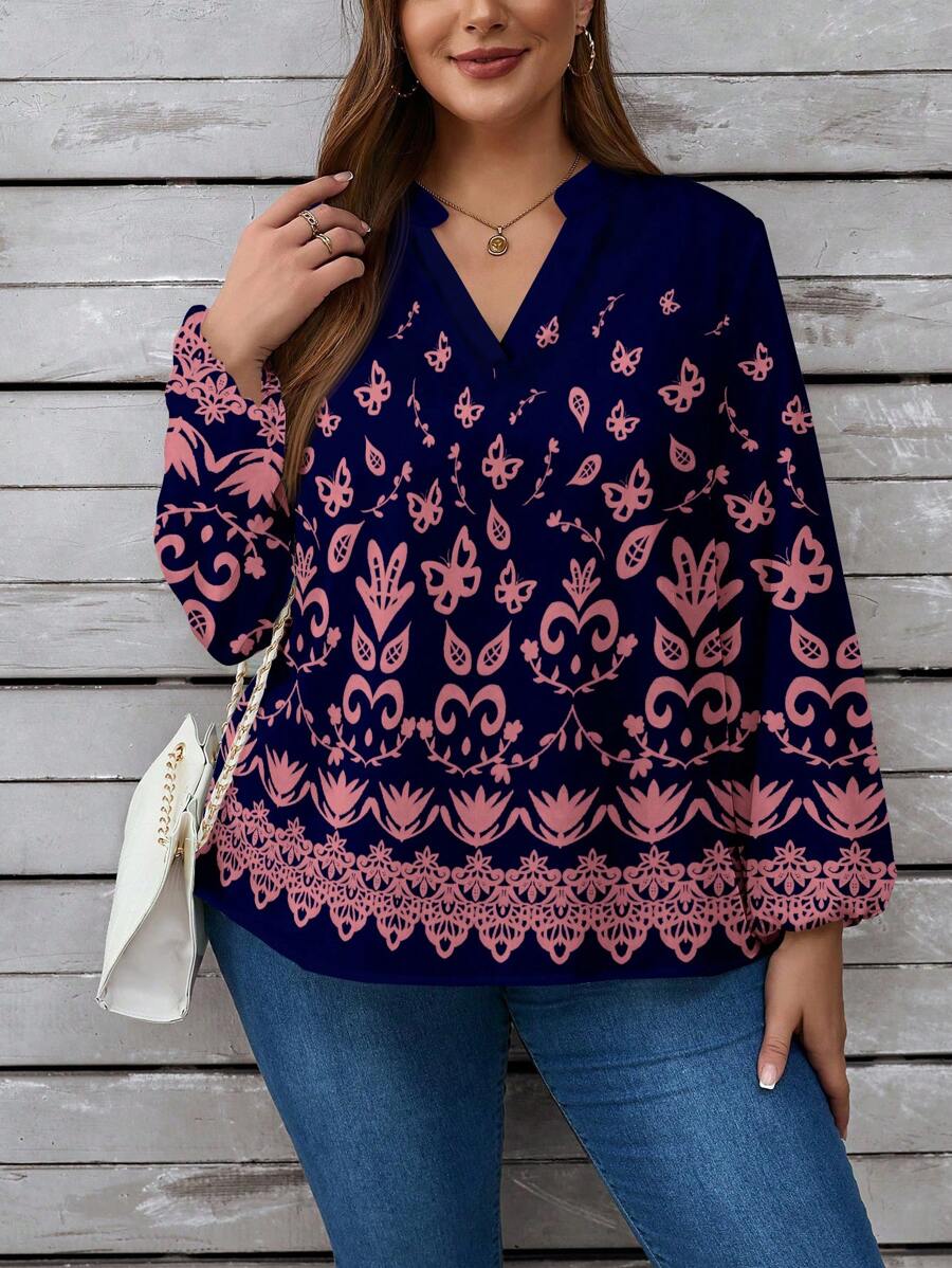 Glamance Beatriz Santos Women Navy Blue Plus Size Blouses Short Sleeve Notched Boho Plain,All Over Print, Summer Outfits For Women Summer Tops Going Out