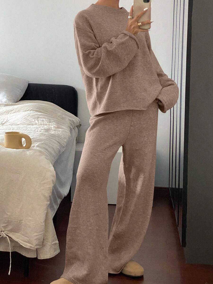 DAZY 2pcs Set Women Minimalist Solid Color Crew Neck Sweater And Long Pants
