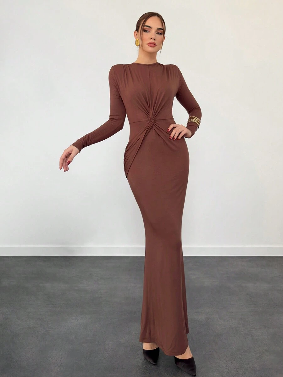 Aloruh Vestido de manga larga ajustado marrón con diseño retorcido delantero sexy y de moda, vestido de mujer para fiesta de Navidad, Año Nuevo, Acción de Gracias, vacaciones, fiesta de Navidad, otoño y fiestas de mujer