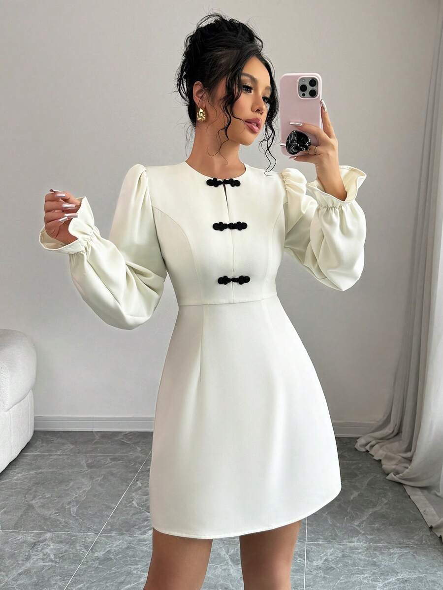Gloray 1pc Women's Autumn Round Neck Puff Sleeve Dress With Button Decor, Elegant And Cute Fashion
