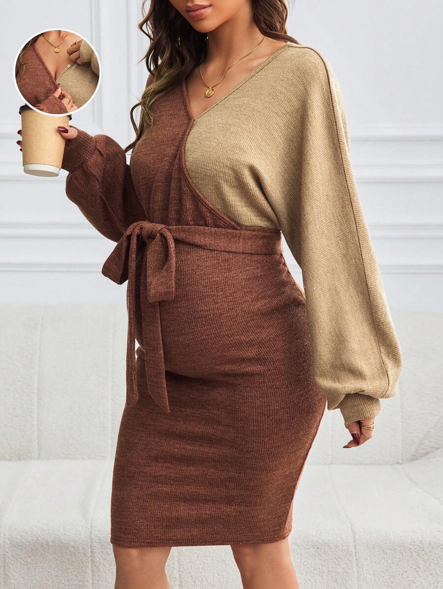 SHEIN Maternity Fashion Color Block Tie Lantern Sleeve Jurk