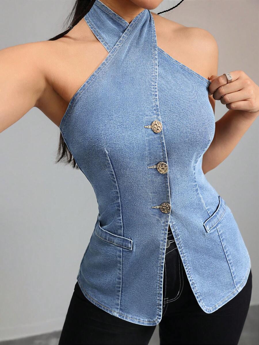 K-Vae Women Sexy Bodycon Halter Denim Top, Blue