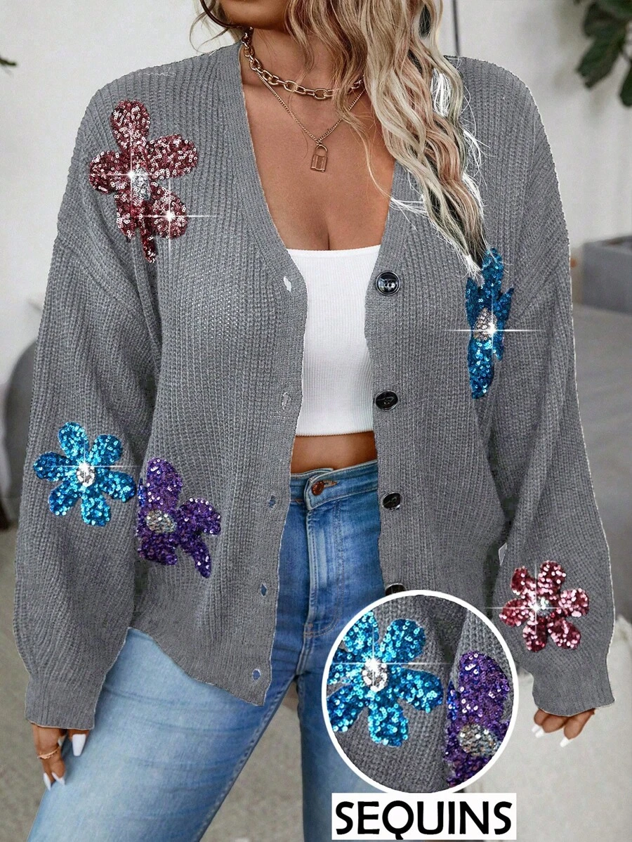 Calvaya Plus Size Front Button Long Sleeve Sequined Simple Top For Daily Casual