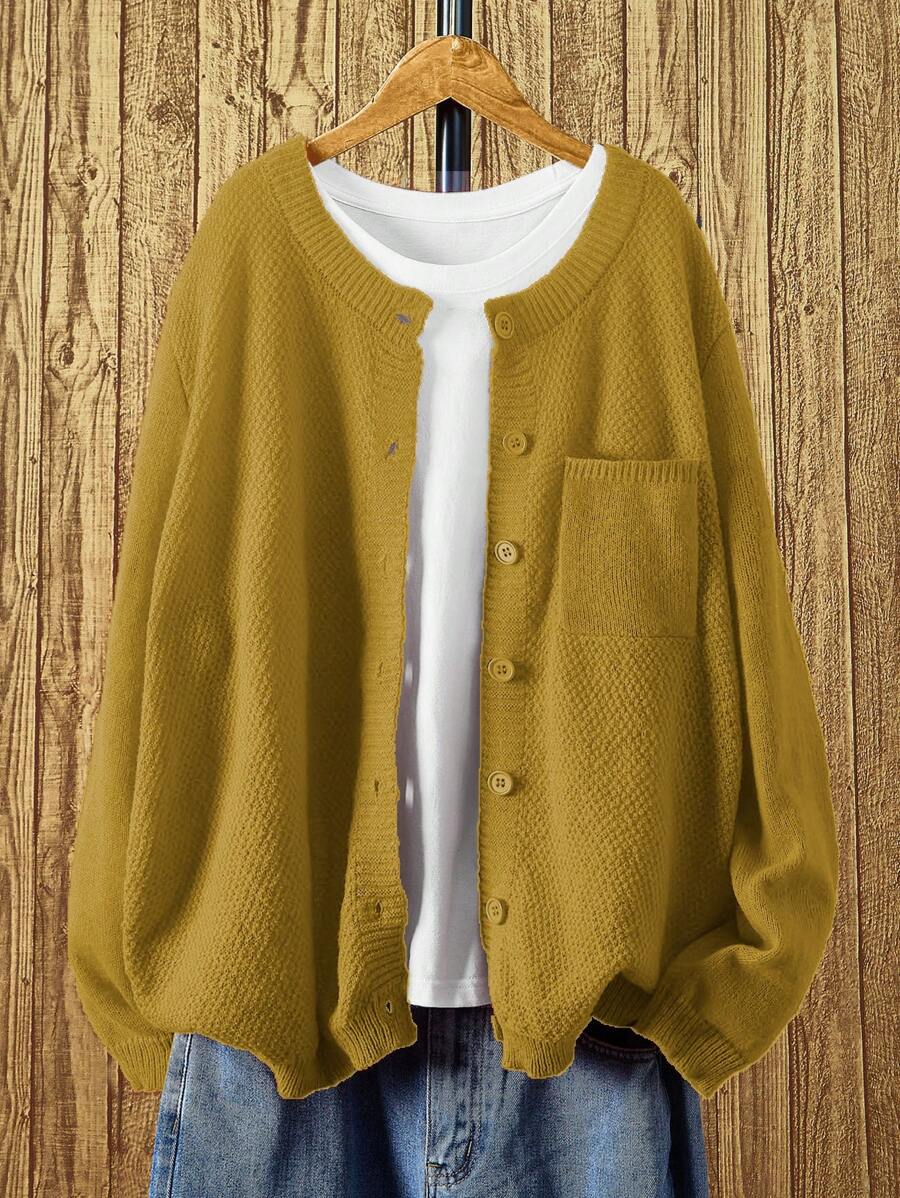 Flirla Plus Size Solid Color Front Button Long Sleeve Pocket Simple Casual Top, For Winter