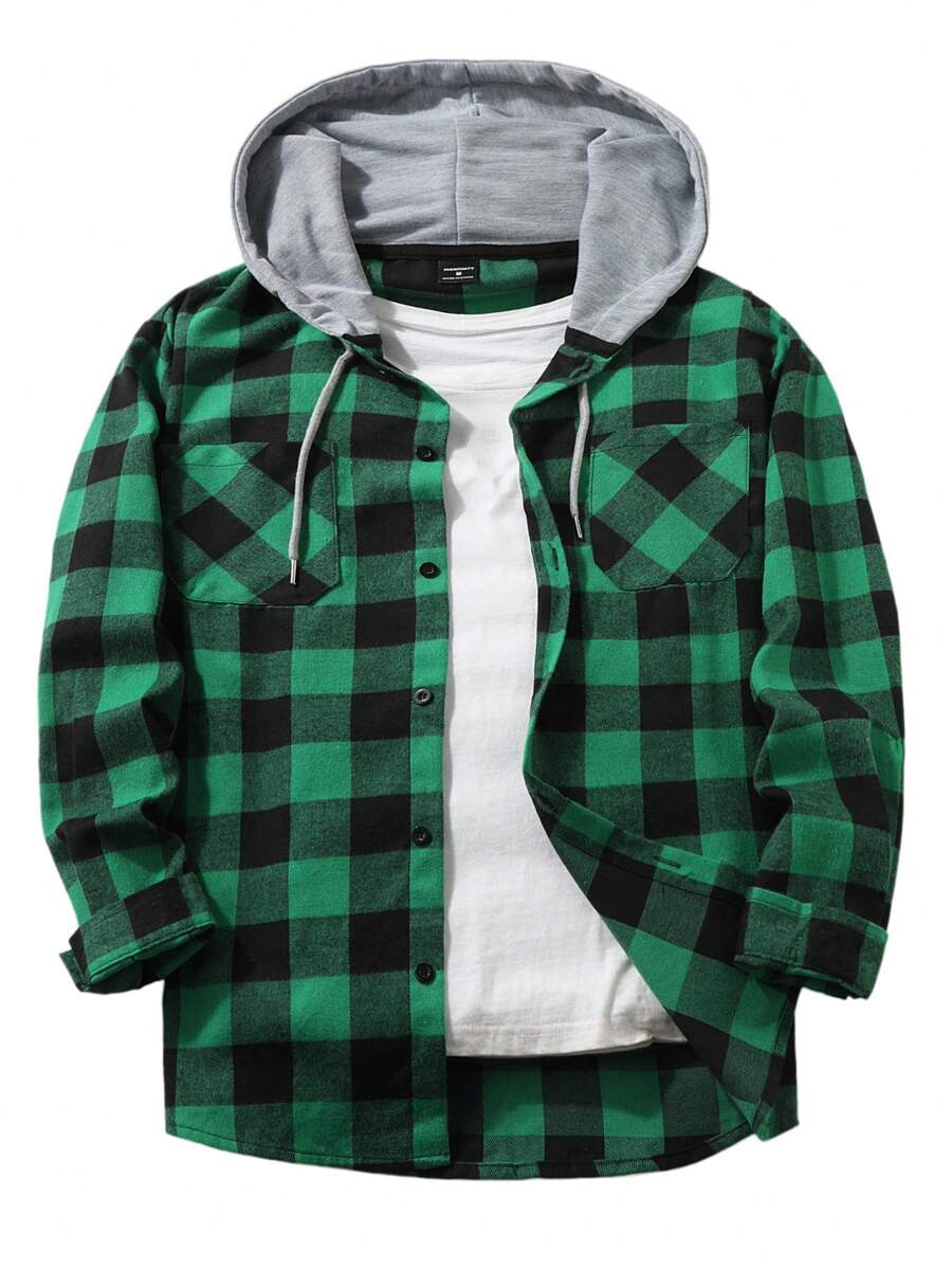 Manfinity Hypemode Camisa casual de manga larga con botones frontales, unicolor y parches para hombre