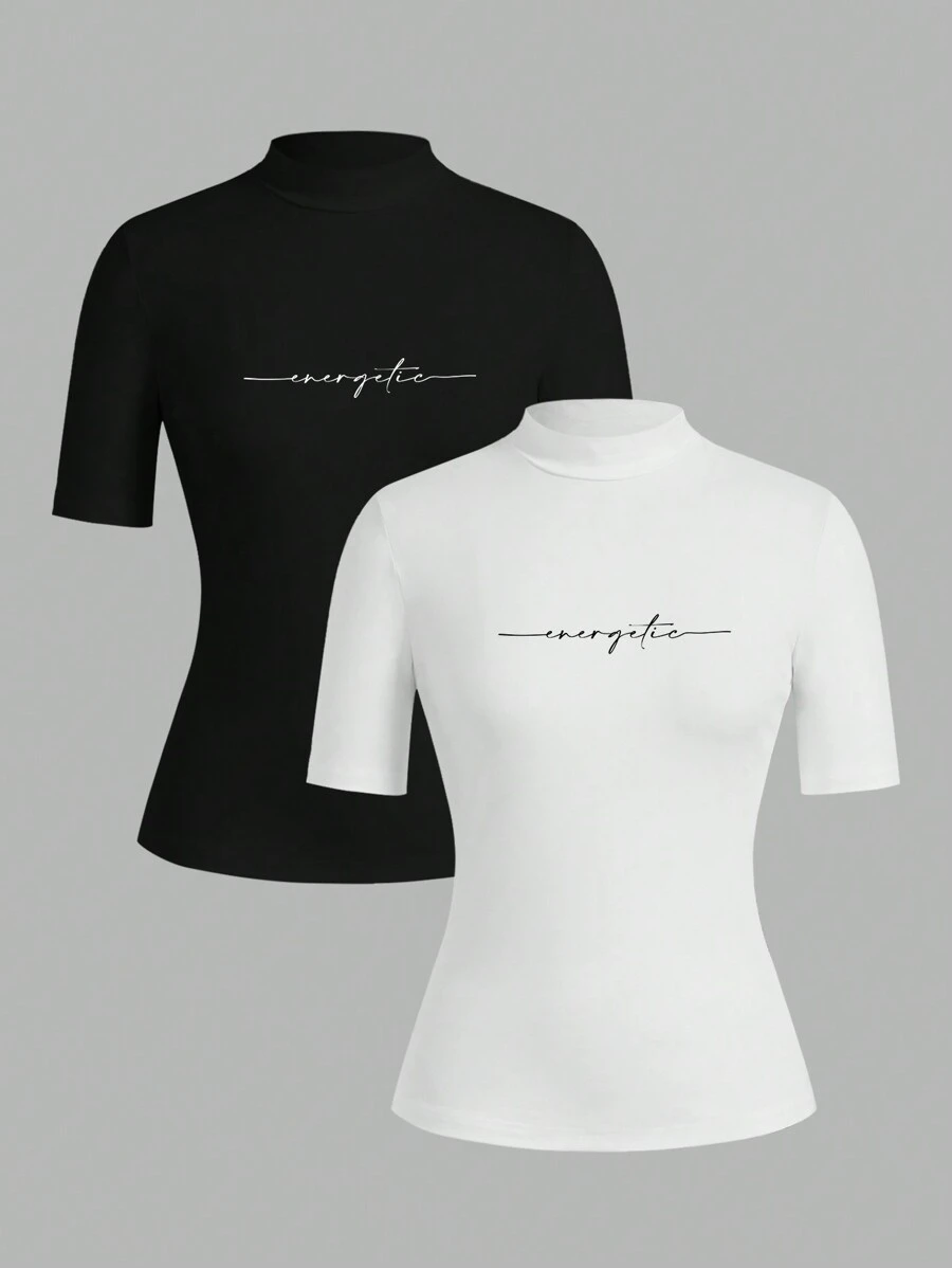 SHEIN EZwear 2pcs Women Set Consisting Of Turtleneck Form-Fitting Long Sleeve T-Shirt With English Text