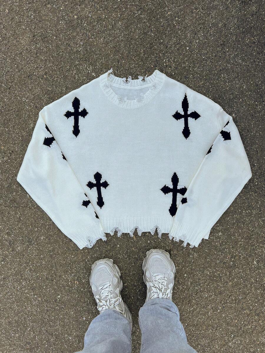 AXEPEAK Men's Y2k Cross Graphic Frayed Hem Loose Cropped Pullover Long Sleeve Fall Sweater, Autumn/Winter