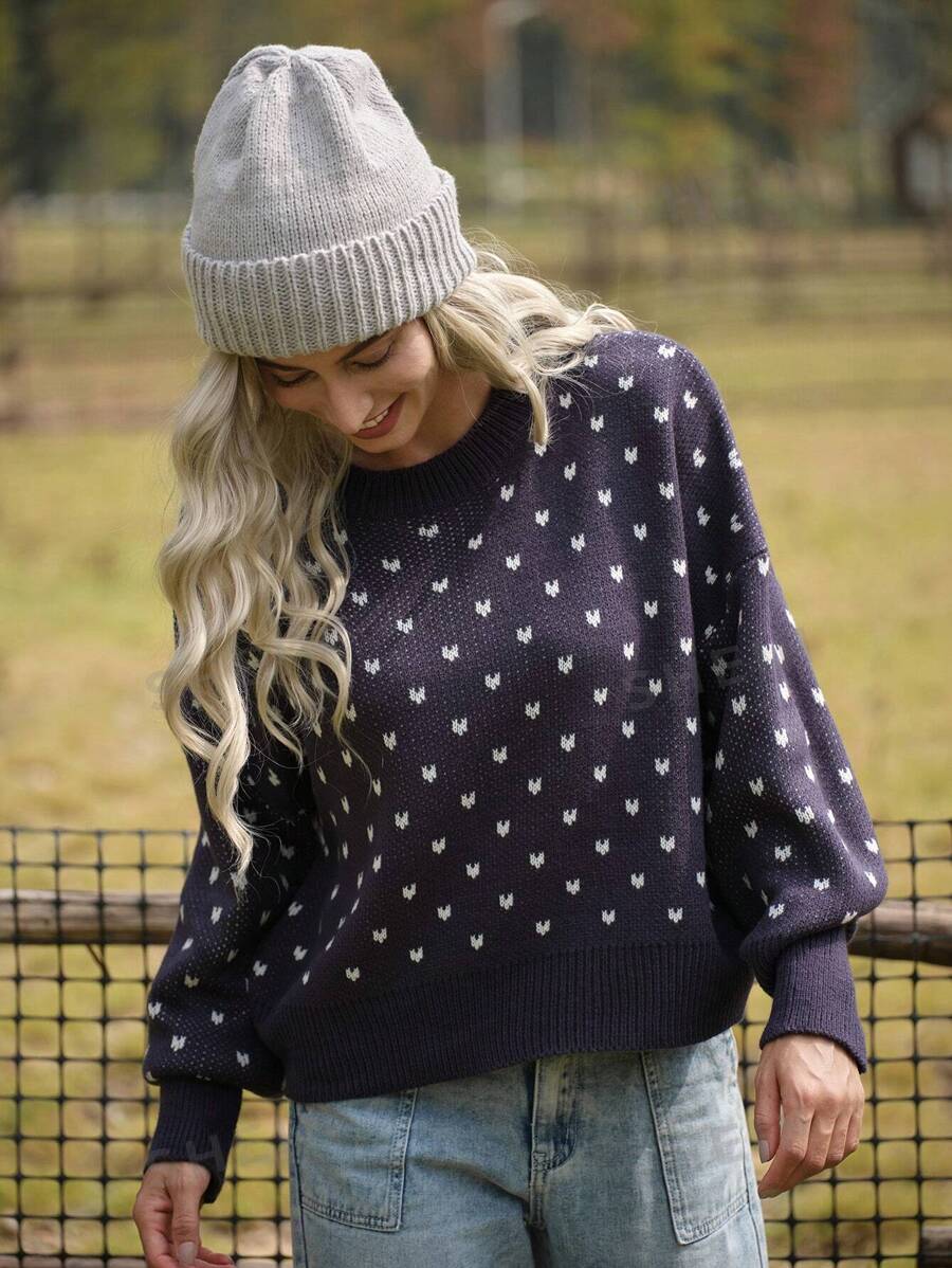 LanaWest Jersey de cuello redondo con mangas tipo dolman y estampado de corazón casual de LanaWest, para otoño/invierno