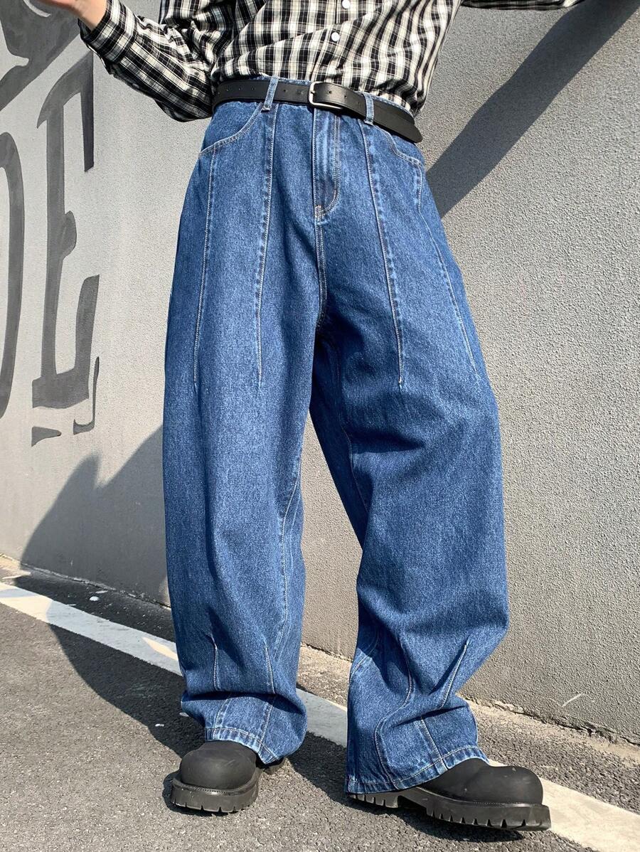 Manfinity Hypemode Men's Dark Blue Vintage Washed Denim Wide Leg Casual Pants