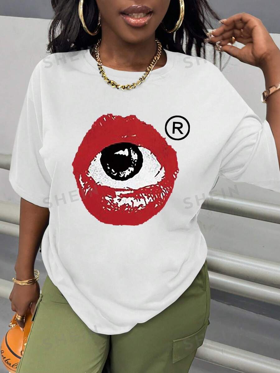 SHEIN Slayr Top casual simple de cuello redondo, manga corta, estampado de labios