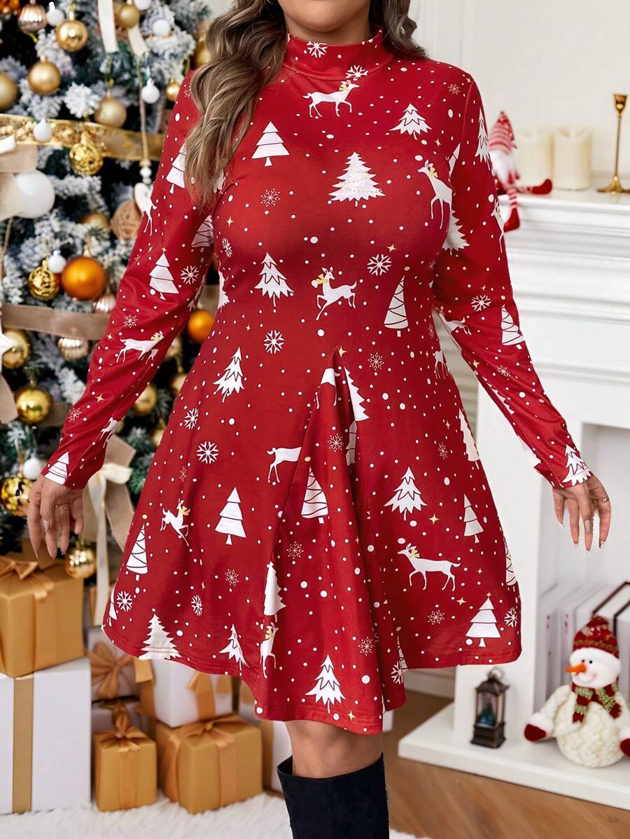 SHEIN VCAY Plus Size Christmas Stand Collar Long Sleeve Waist Cinched Dress Christmas Clothes Women Christmas Dress Winter Clothes Pleated Skirt Christmas Outfit Women Christmas Dresses Going Out Outfits Basic Dress Long Sleeve