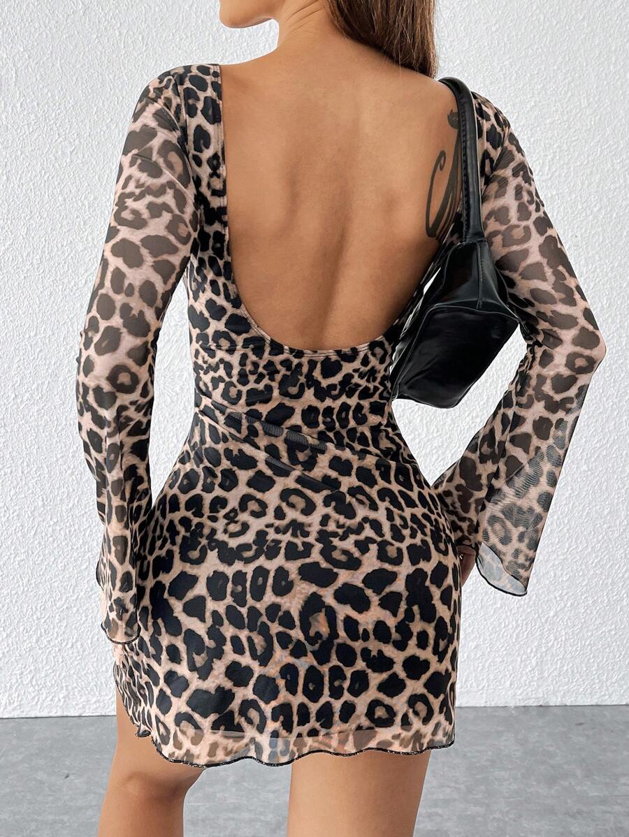 SHEIN PETITE Autumn Leopard Print Mesh Romantic And Elegant Printed Women's Backless Long-Sleeved Dress