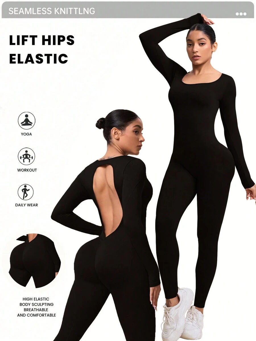 SHEIN Sport Studio Plain Crew Neck Long Sleeve Open Back Minimalist Jumpsuit - Casual Everyday Wear